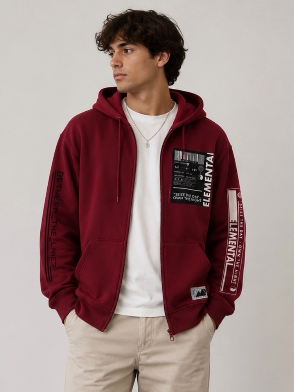 Element Men's Burgundy Zip-Up Bomber Jacket with Graphic Panels